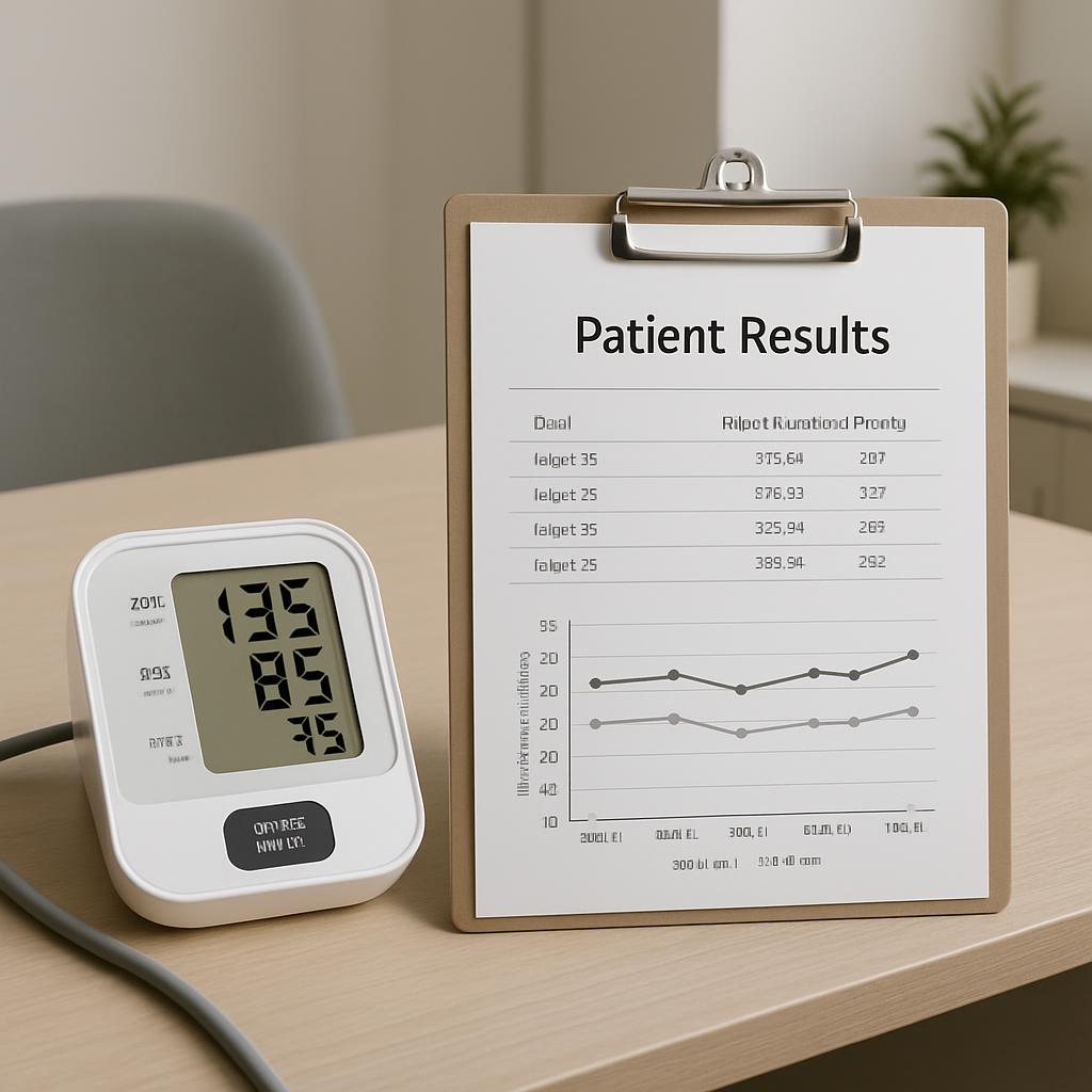 A clipboard with a doctor's notes, a blood pressure monitor and a chair next to this paperwork.