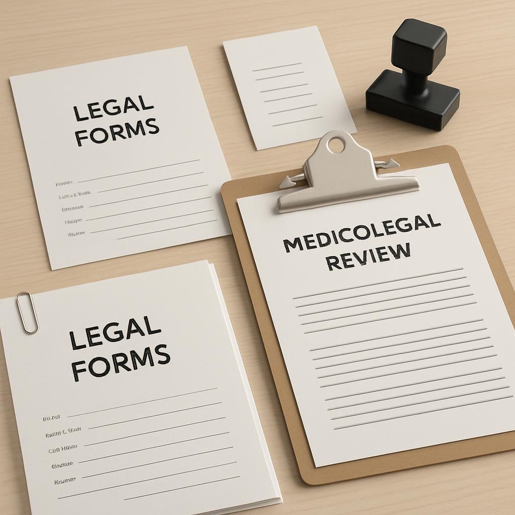 Medical and legal forms and a stamp. 絵画がAPIによっては書き出されない場合も有りますとすると、Alt textは「"Medical and legal forms and a stamp." Here i...