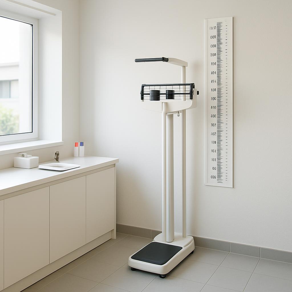 A simple weight scale and height chart in a medical setting with a low-slope sink for washing hands.