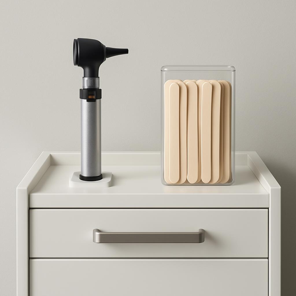 A pair of white ear scoops arranged in a clear plastic container with a silver handle on a small white cabinet that has tw...